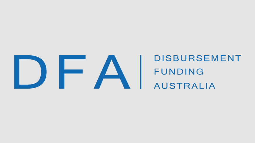 DFA logo written in blue with a vertical stripe and Disbursement Funding Australia written stacked on right.